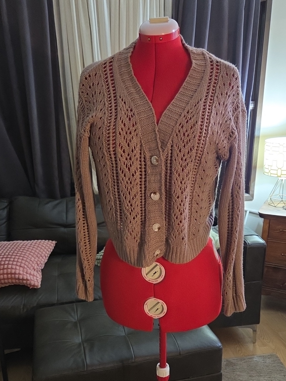 SHEIN Taupe Open-Knit V-Neck Button Cardigan